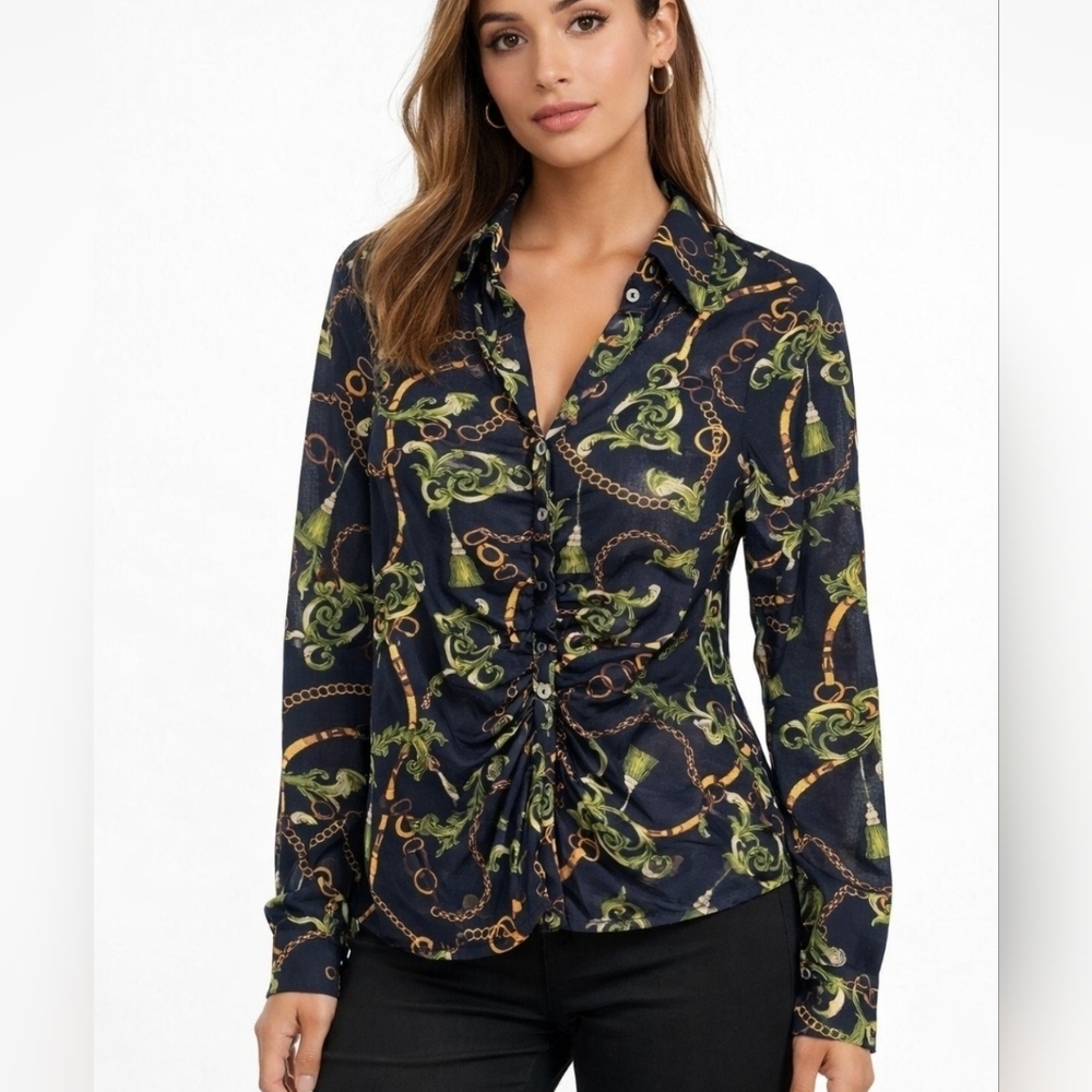 Zenobia Sheer Mesh Top Baroque Chain Print Long Sleeve Y2K Blouse Size Medium